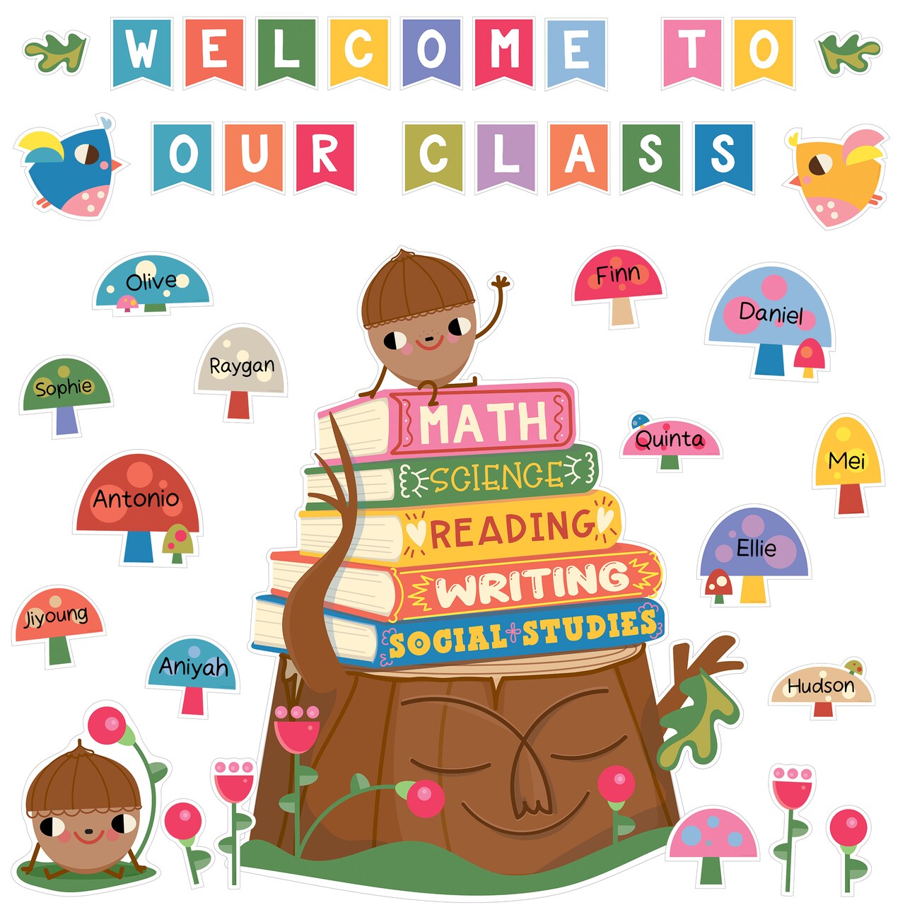 Carson Dellosa Welcome to Our Class 63-Piece Bundle Bulletin Board Set, Colorful Cardstock Banner, Mushroom and Leaf Name Labels, Fairy Tale Forest Theme Decorations for Homeschool and Classroom Decor